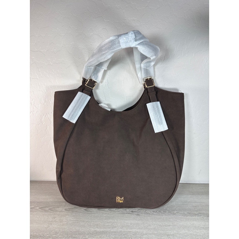Rebecca Minkoff RM Ryder Brown Faux Suede Hobo Shoulder Tote Bag Gold NEW